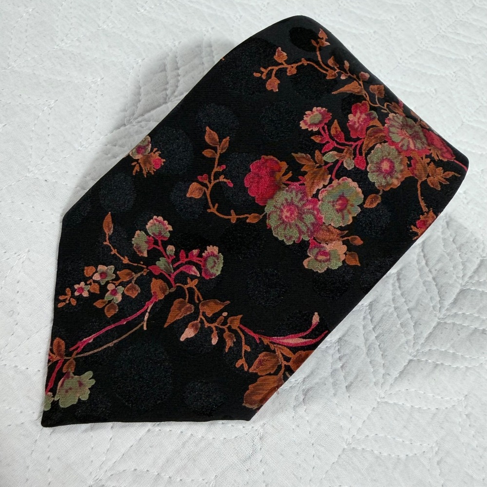 Santostefano Silk Necktie Mens 60"x3.5" Black Floral Italian Designer Luxury EUC